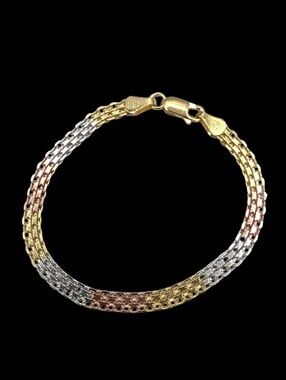Italian Tri-Color 14K Gold Over Solid 925 Silver Bismark Chain Bracelet 6.5"